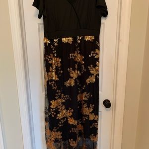 Black maxi with gold sequins.